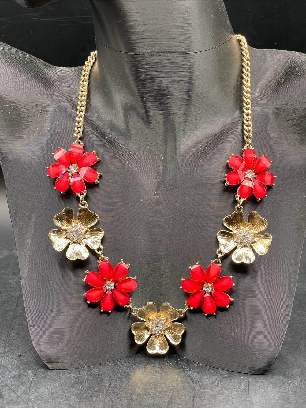Nicole Miller Red Gold Floral Flower Statement Bib Necklace